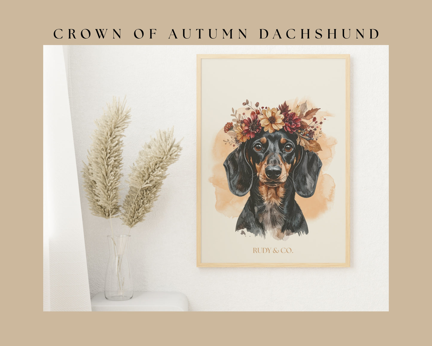Autumn Flower Crown Dachshund Digital Wall Art Print | Fall Dog Portrait | Cozy Rustic Pet Décor | Dog Lover Gift | Rudy & Co.