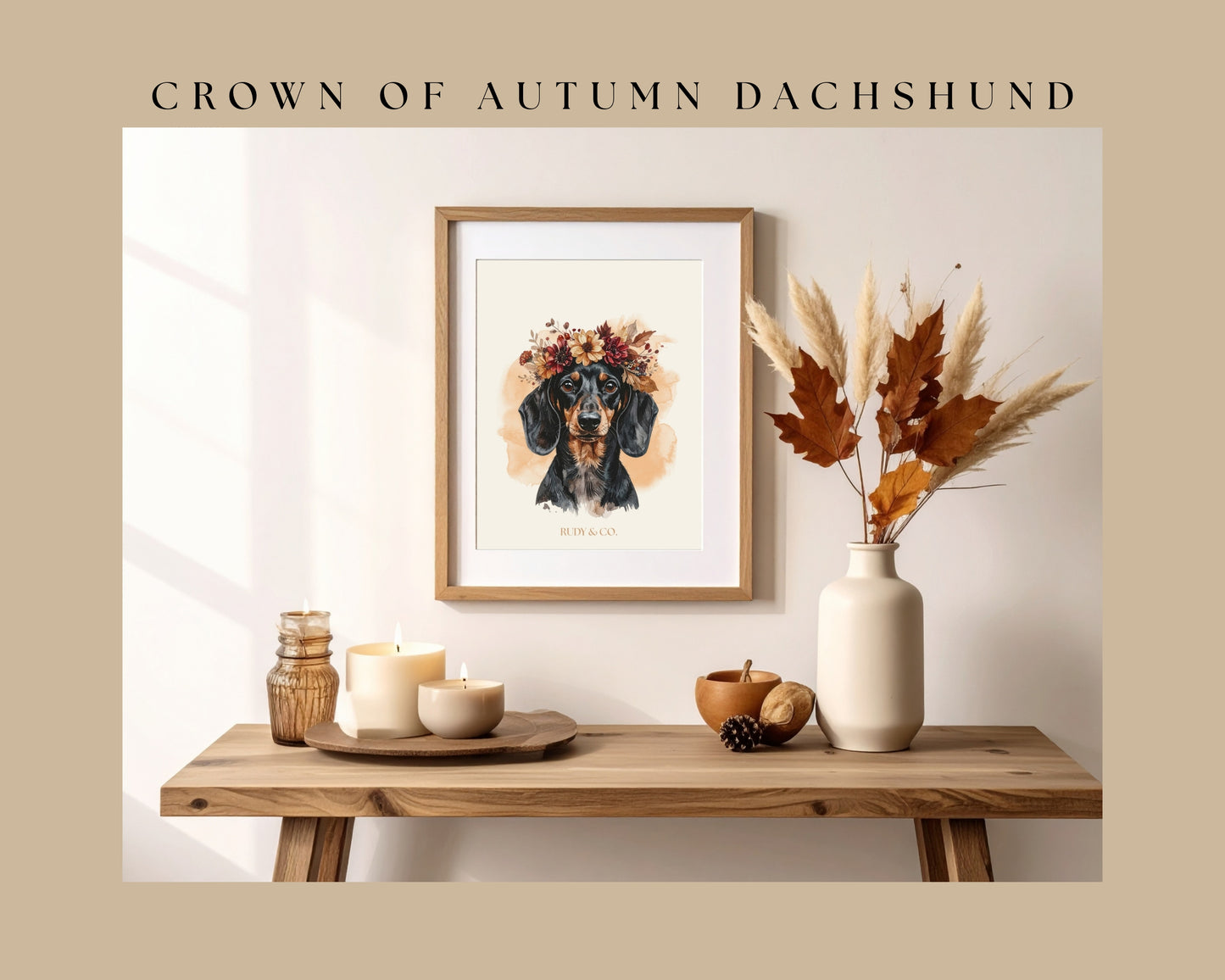 Autumn Flower Crown Dachshund Digital Wall Art Print | Fall Dog Portrait | Cozy Rustic Pet Décor | Dog Lover Gift | Rudy & Co.