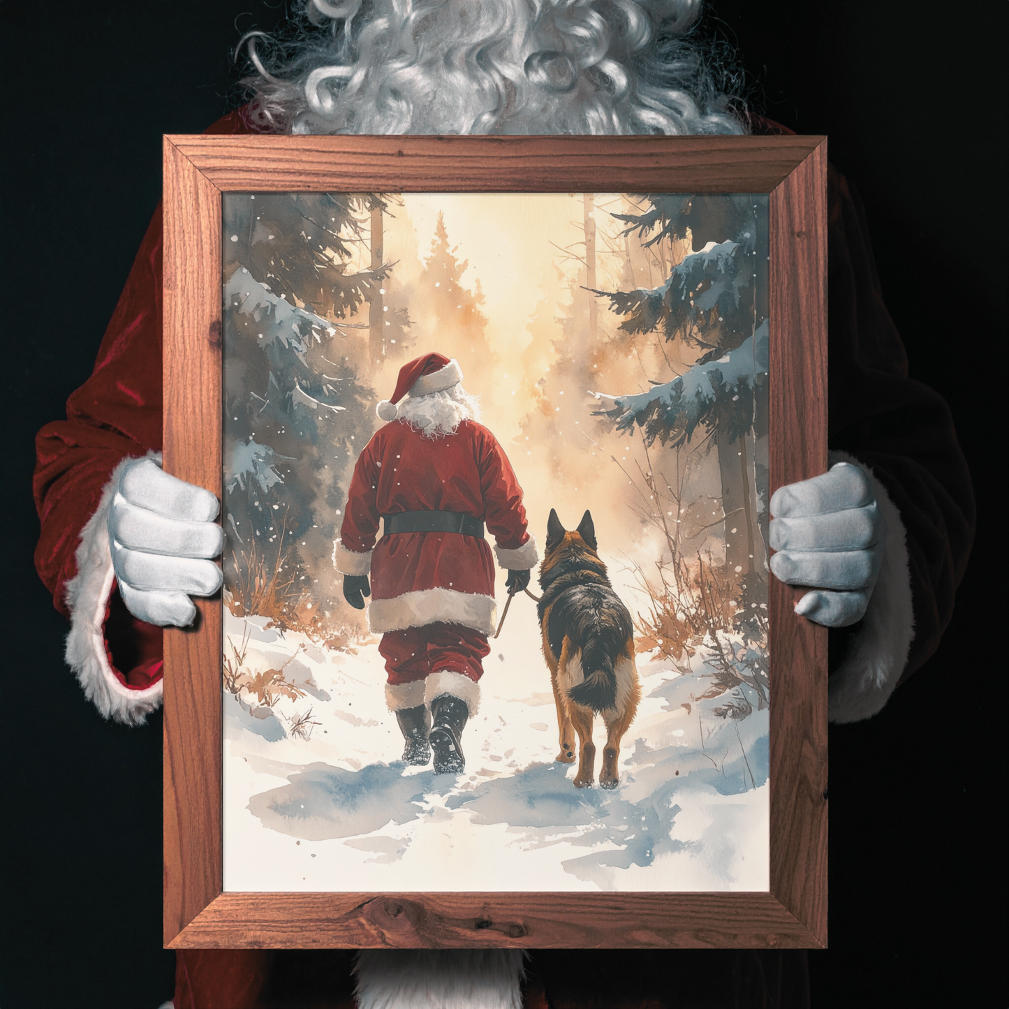 Santa’s Walking Buddy – Christmas German Shepherd Digital Art Print