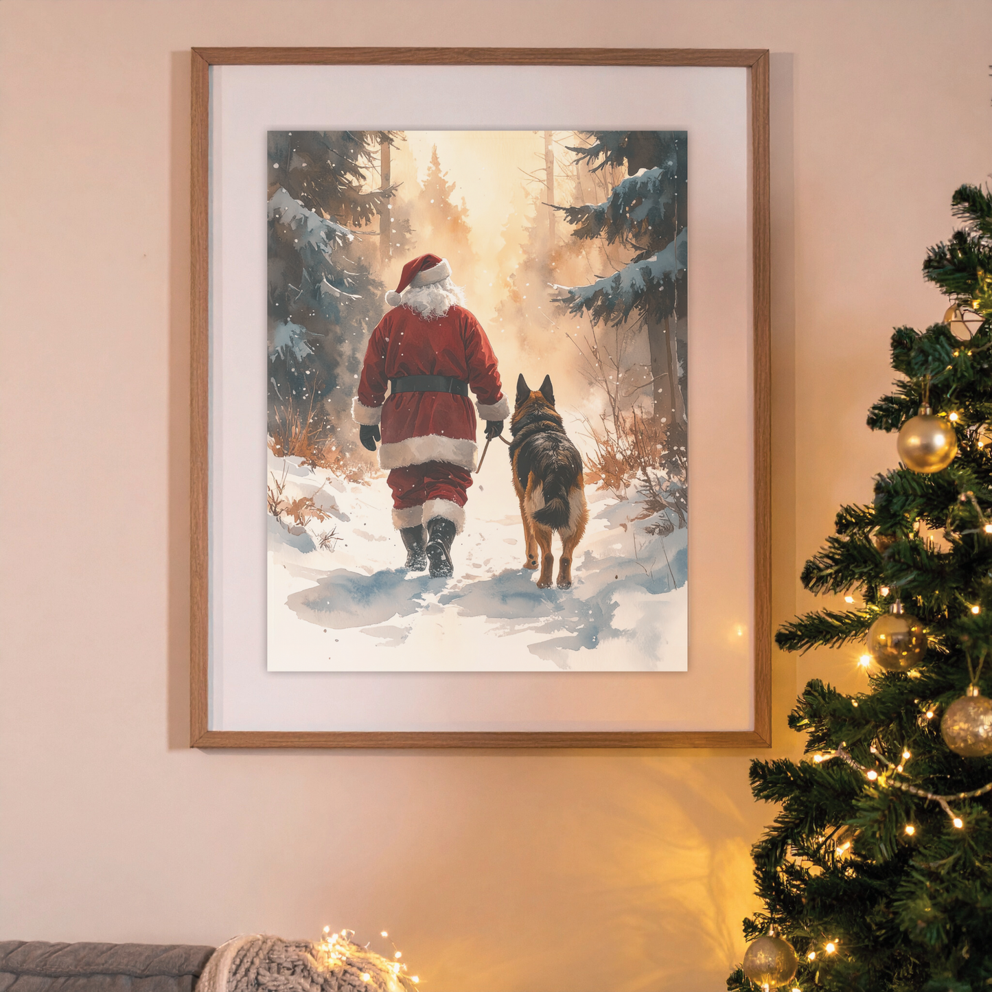 Santa’s Walking Buddy – Christmas German Shepherd Digital Art Print