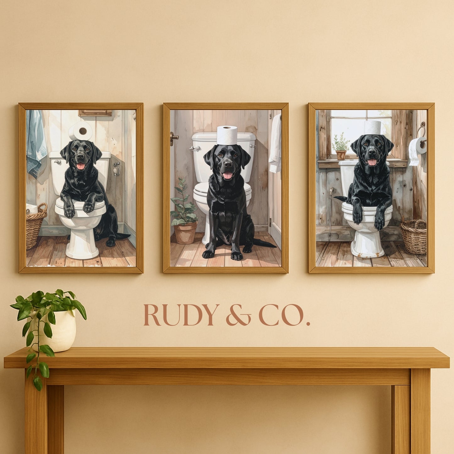 Black Labrador Quaint Countryside Toilet – Set of 3 Digital Prints