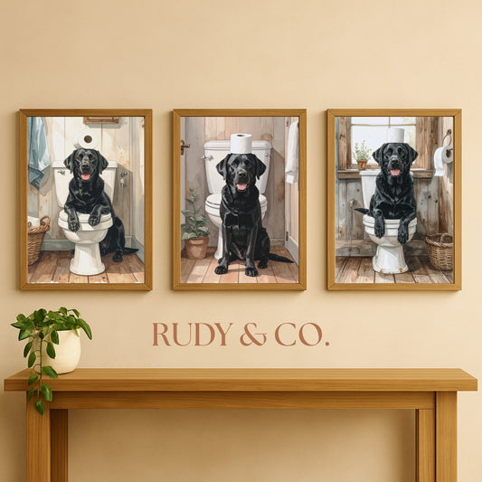 Black Labrador Quaint Countryside Toilet – Set of 3 Digital Prints