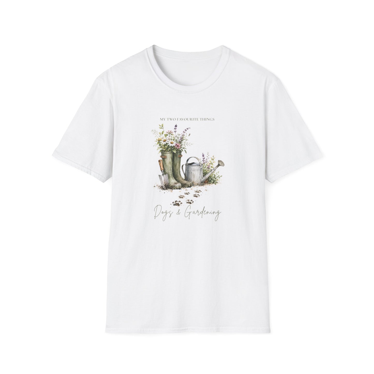My Two Favourite Things: Dogs & Gardening T-Shirt – Watercolour Wellies & Wildflowers Design