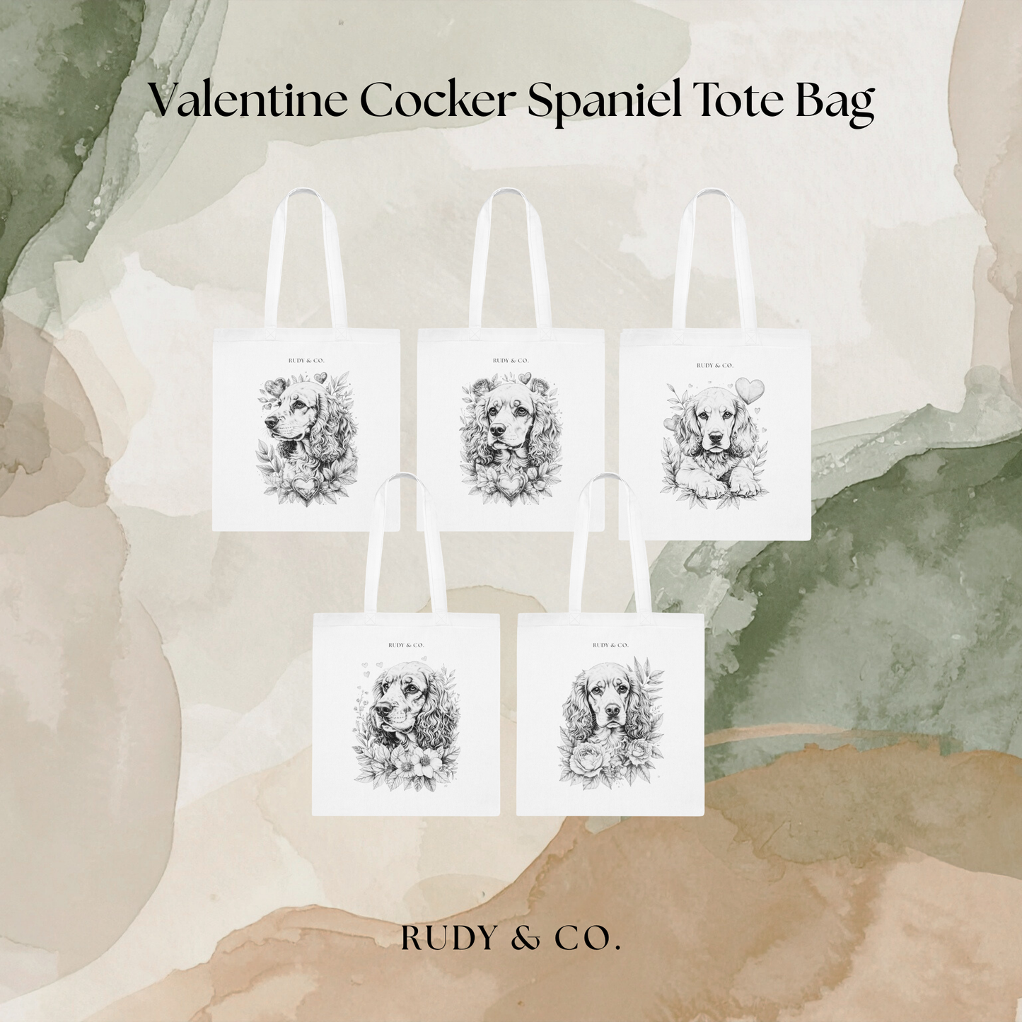 Valentine Dog Tote Bag – Choose from 5 Hand-Drawn Style Cocker Spaniel Designs