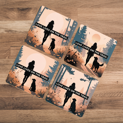 Love Lives on the Trail – Outdoor Dog Silhouette Coaster Set (Pack of 4)