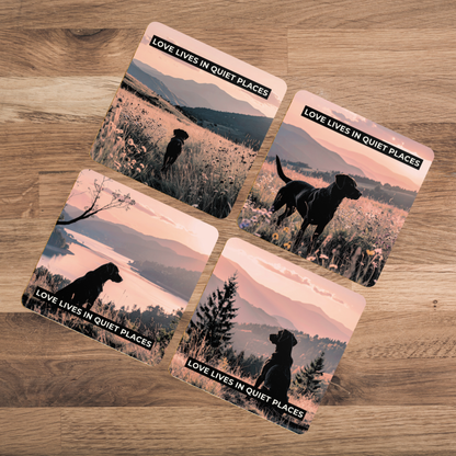 Love Lives in Quiet Places – Sunset Dog Photography Coaster Set (Pack of 4)