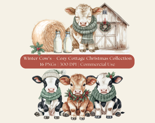 Winter Cows Clip Art Set — Cozy Cottage Christmas Collection