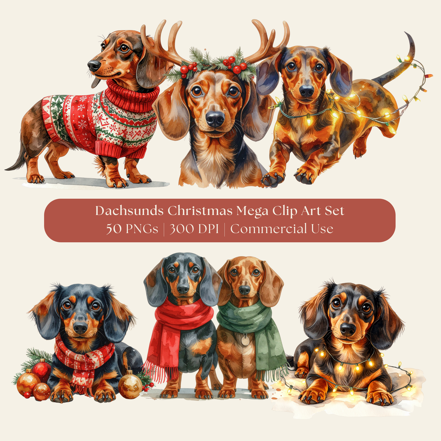 Christmas Dachshund Mega Clipart Bundle – 50 Watercolour PNGs (Instant Download)