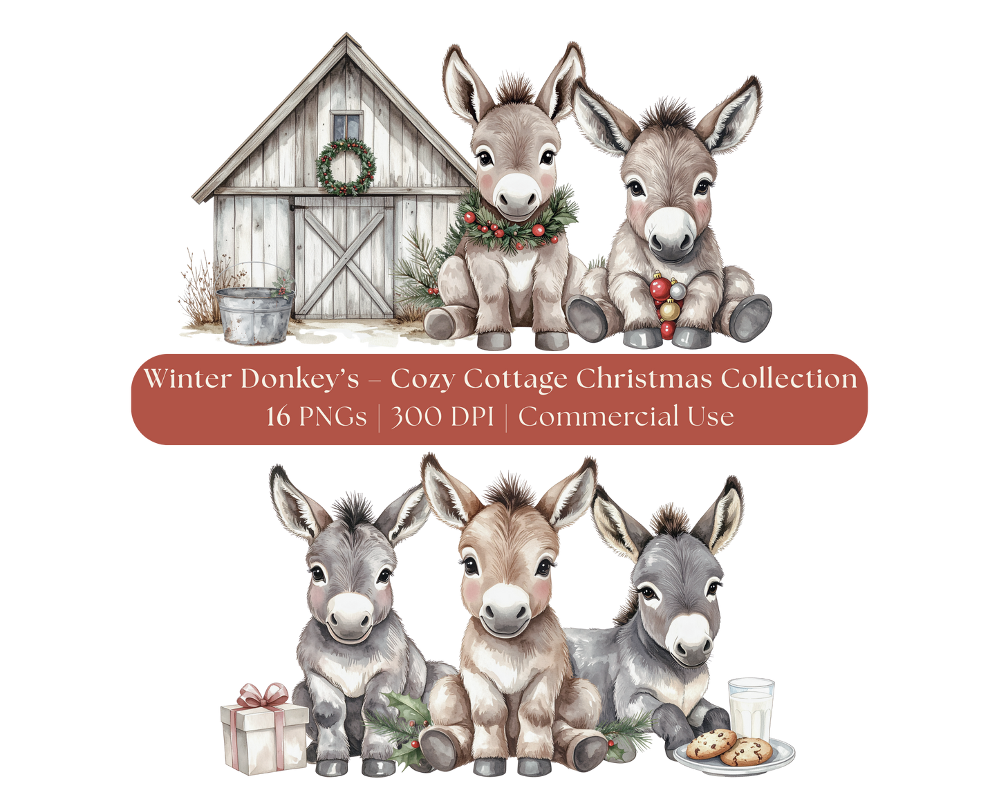 Winter Donkeys Clip Art Set — Cozy Cottage Christmas Collection