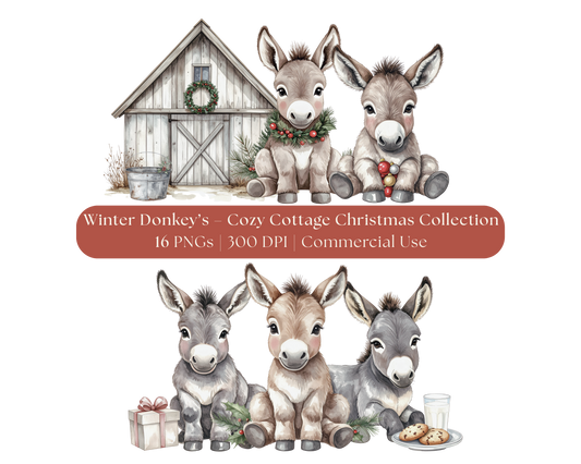 Winter Donkeys Clip Art Set — Cozy Cottage Christmas Collection