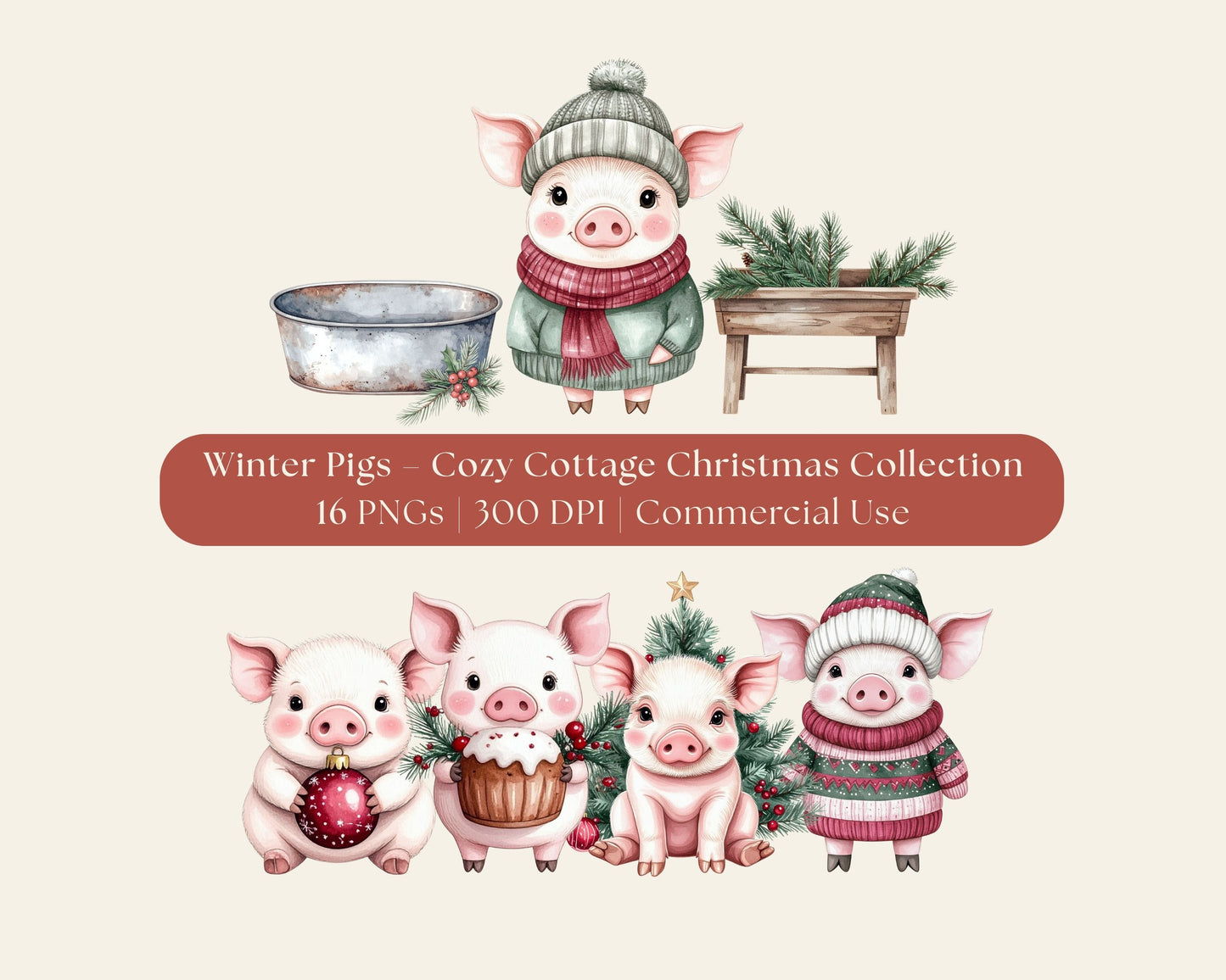 Winter Pigs Clip Art Set — Cozy Cottage Christmas Collection