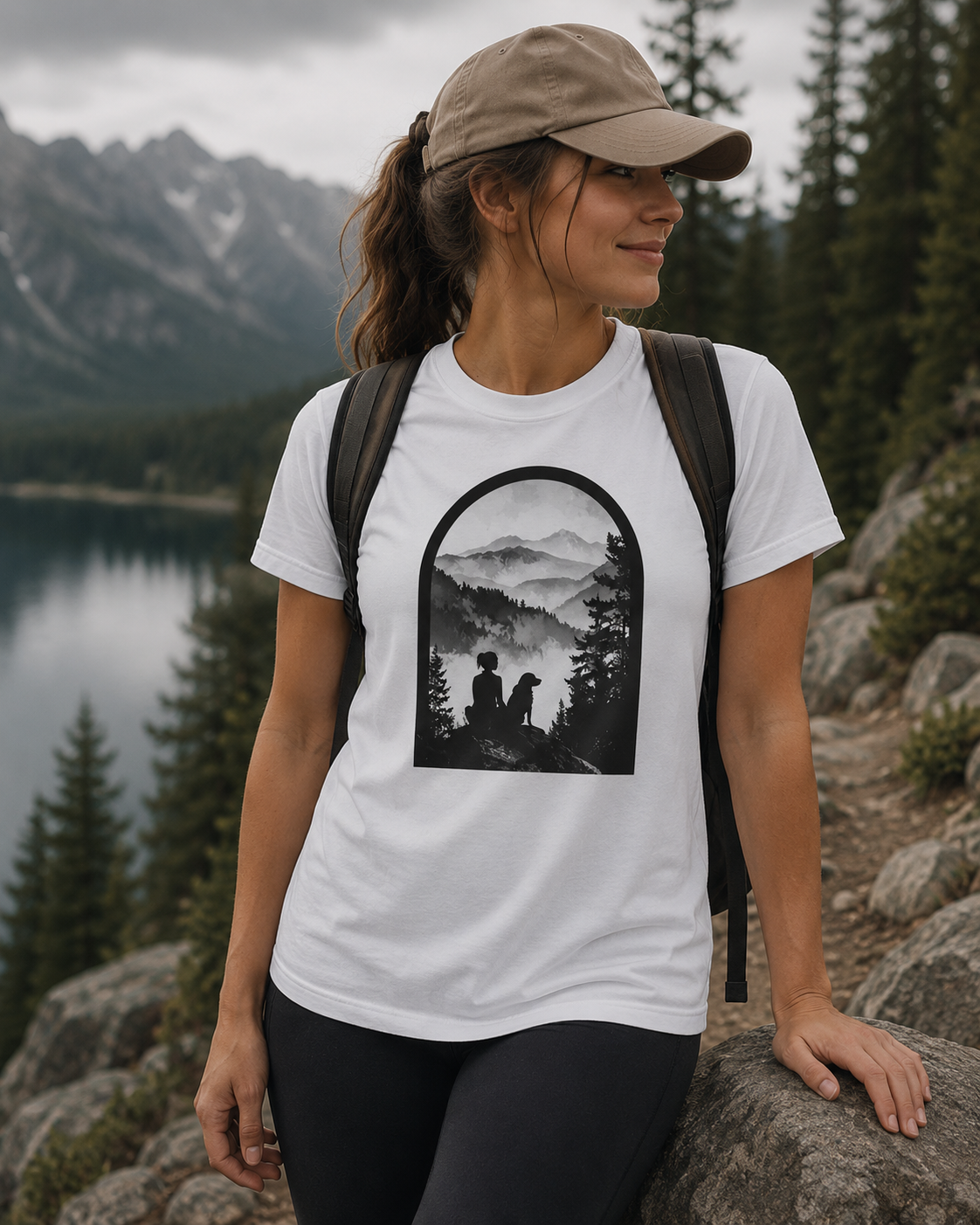Woman wearing a white t-shirt with a mountain graphic in a scenic outdoor setting