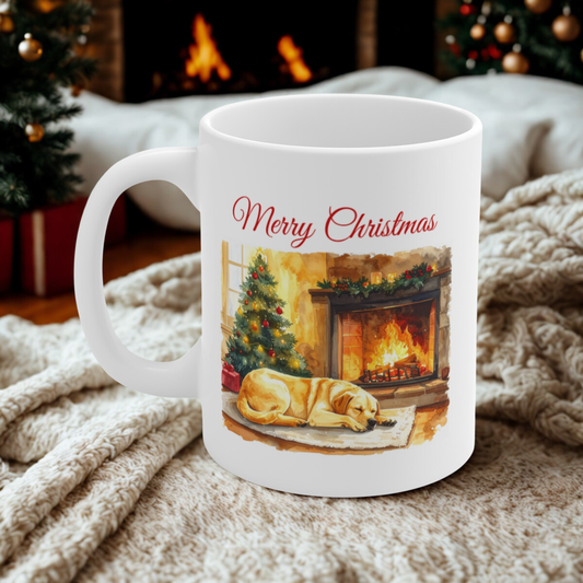 Merry Christmas Yellow Labrador Mug – Cozy Fireplace & Tree Design