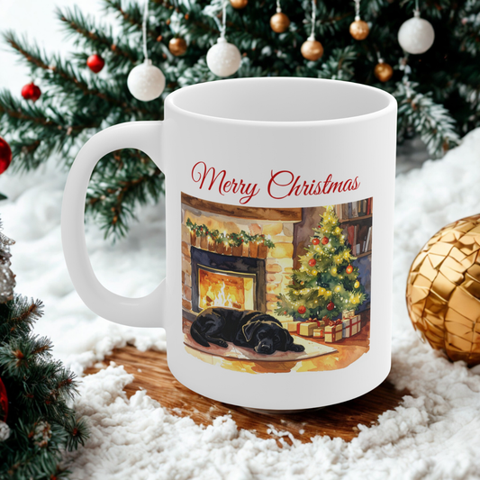 Merry Christmas Black Labrador Mug – Cozy Fireplace & Tree Design
