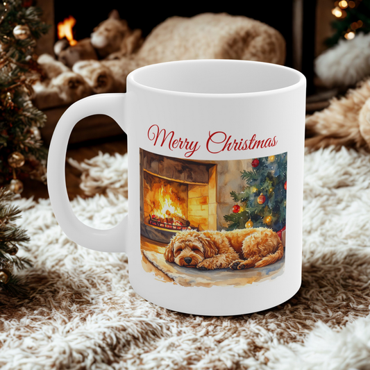 Merry Christmas Cavapoo Mug – Cozy Fireplace & Tree Design
