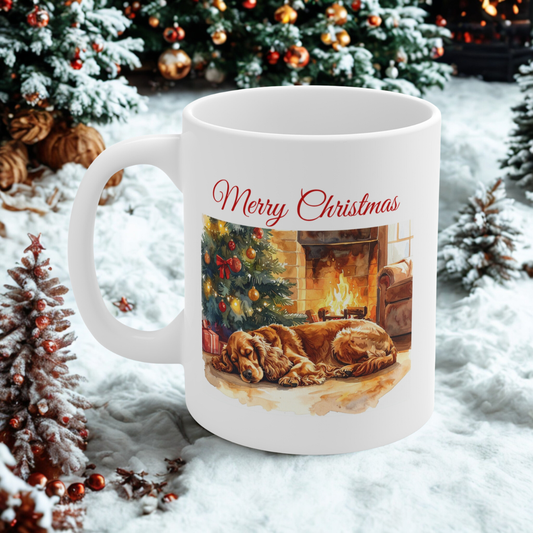 Merry Christmas Cocker Spaniel Mug – Cozy Fireplace & Tree Design