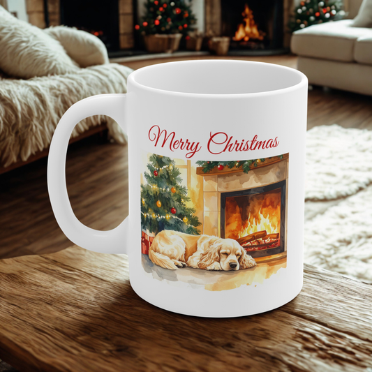 Merry Christmas Cream Cocker Spaniel Mug – Cozy Fireplace & Tree Design
