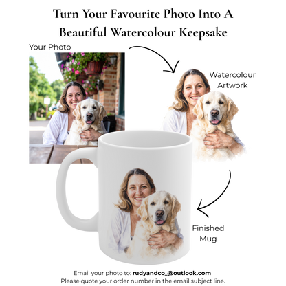 Custom Watercolour Pet Portrait Mug – Personalised Dog & Owner Gift