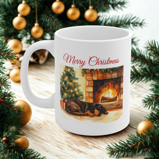 Merry Christmas Dachshund Mug – Cozy Fireplace & Tree Design