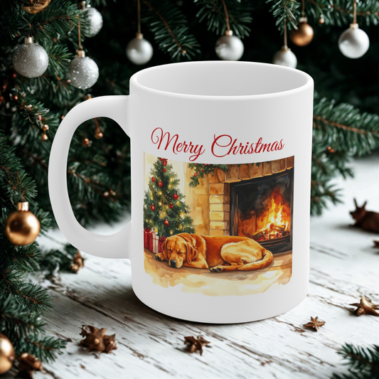 Merry Christmas Fox Red Labrador Mug – Cozy Fireplace & Tree Design