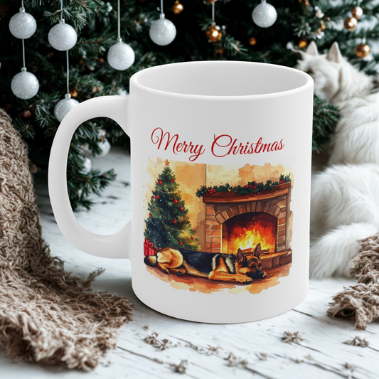 Merry Christmas German Shepherd Mug – Cozy Fireplace & Tree Design
