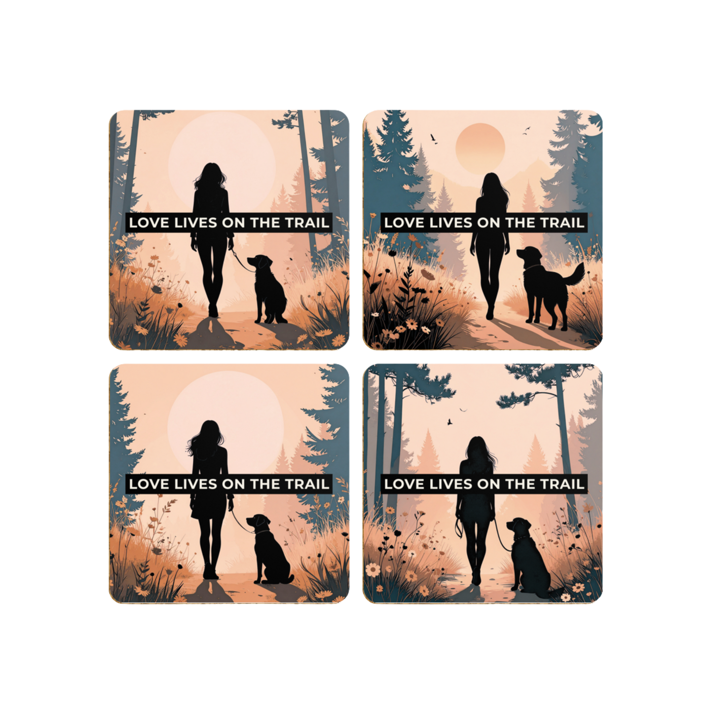 Love Lives on the Trail – Outdoor Dog Silhouette Coaster Set (Pack of 4)