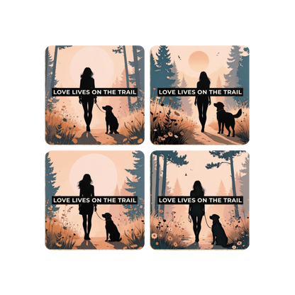 Love Lives on the Trail – Outdoor Dog Silhouette Coaster Set (Pack of 4)