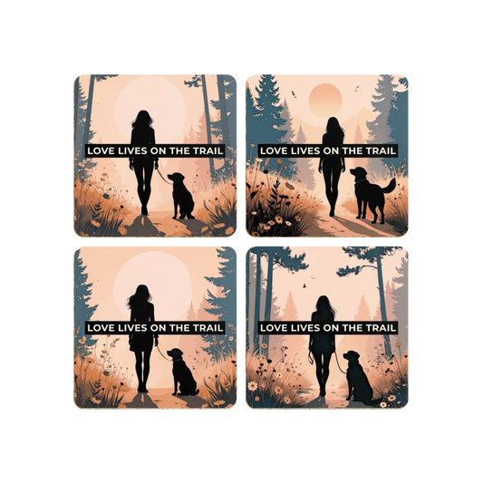 Love Lives on the Trail – Outdoor Dog Silhouette Coaster Set (Pack of 4)
