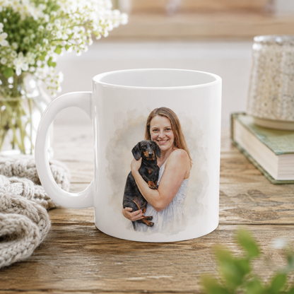 Custom Watercolour Pet Portrait Mug – Personalised Dog & Owner Gift