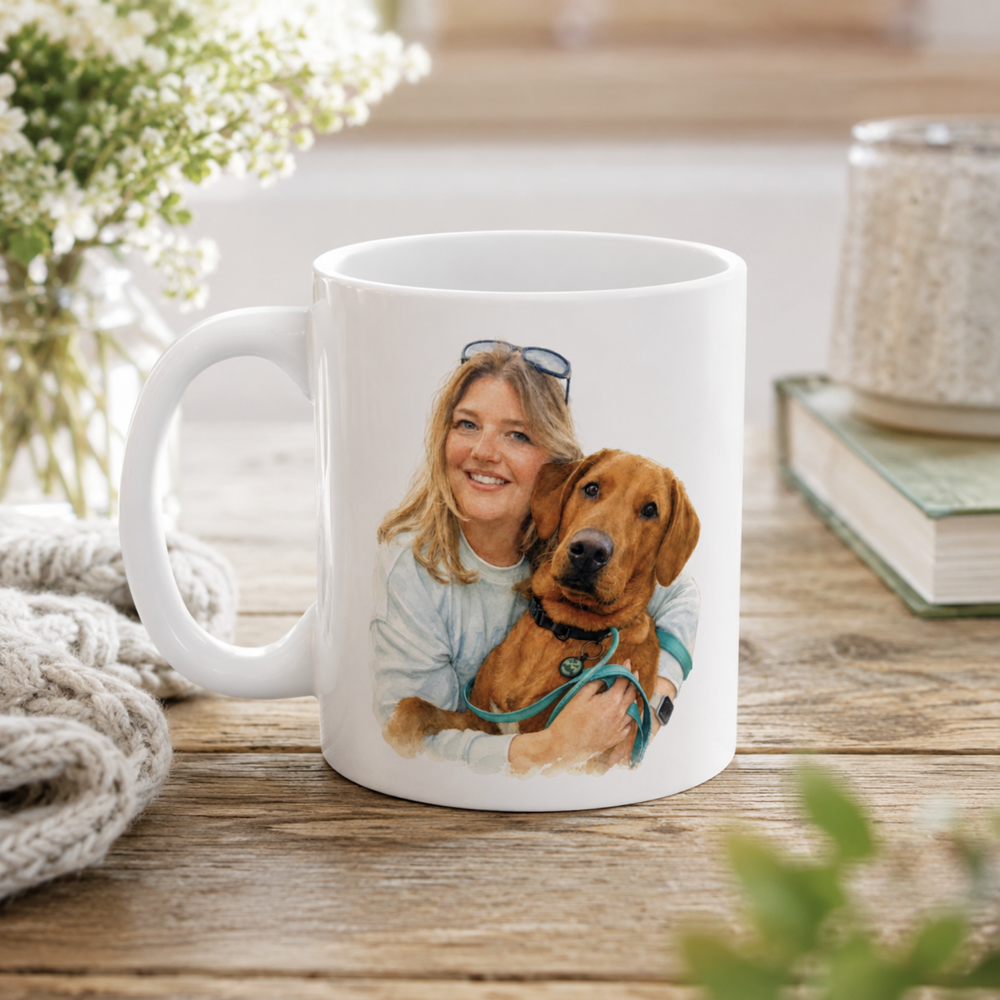 Custom Watercolour Pet Portrait Mug – Personalised Dog & Owner Gift